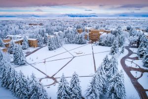 Snowy campus drone flight